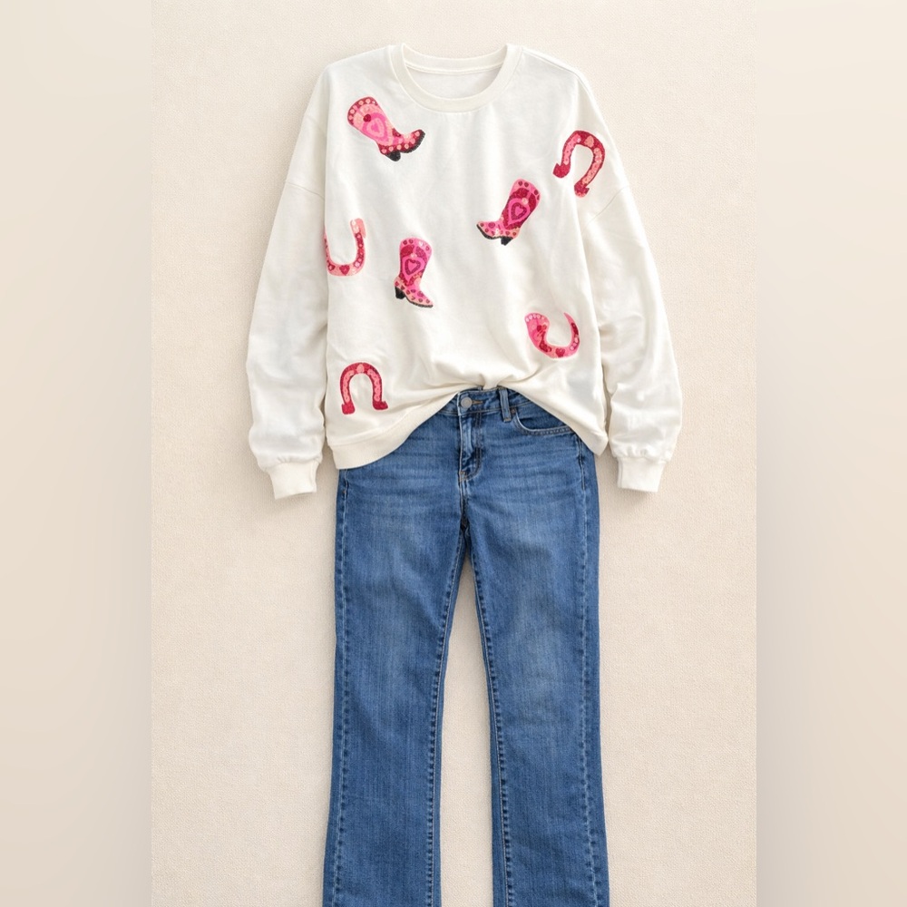 BiBi White Western Valentine Sequin Sweater with Pink Boot Design - Picture 3 of 12